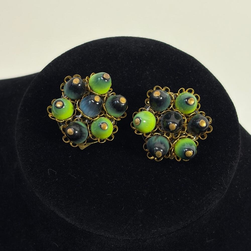 Green Blue Cluster Gold Tone Vintage Clip on Earrings Marked West Germany